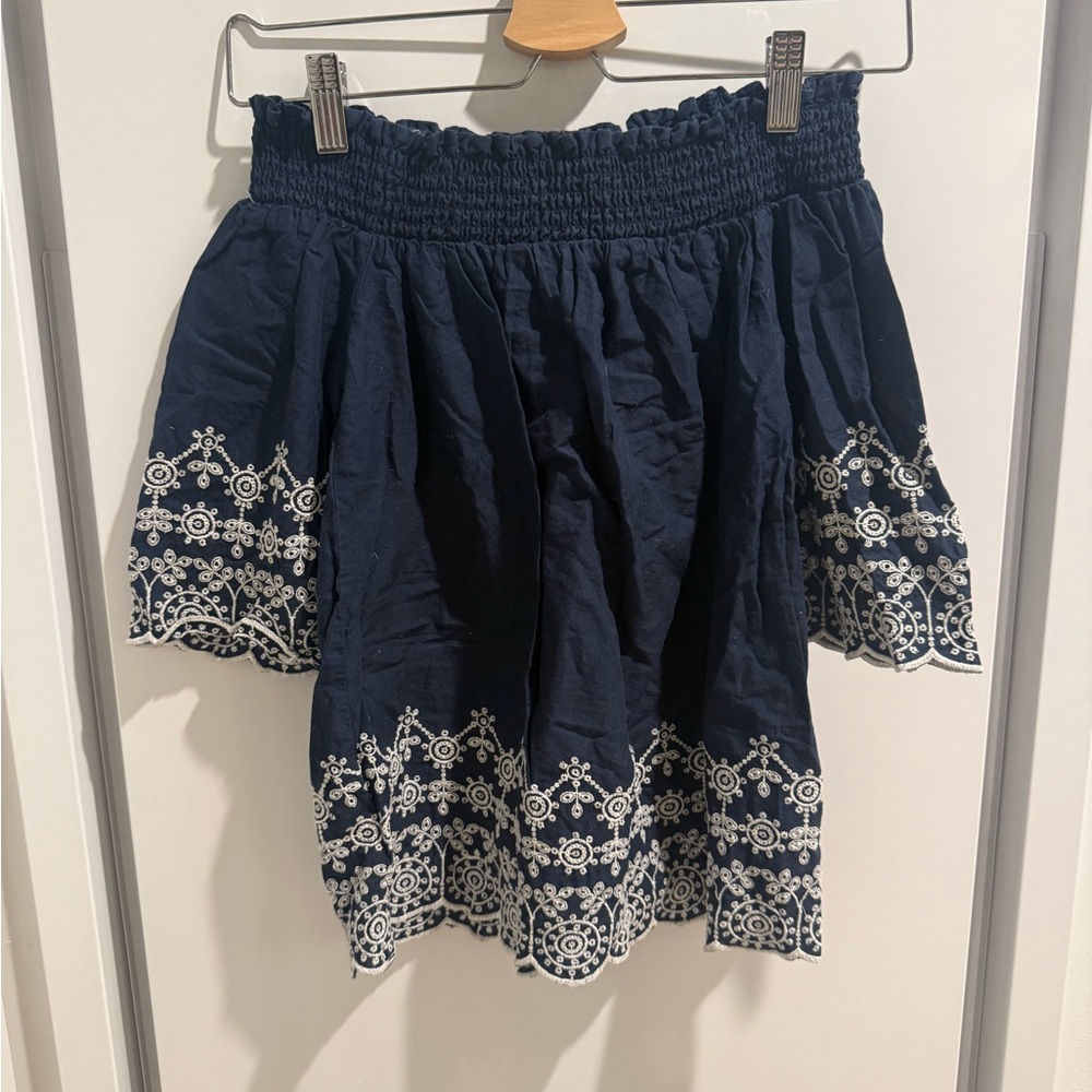 Abercrombie & Fitch Dark Blue Off Shoulder Top with White Embroidery